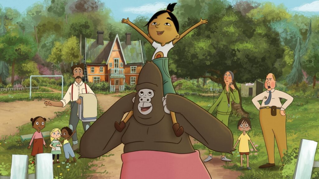 Tecknat. En tjej sitter på en gorillas axlar, i bakgrunden människor.